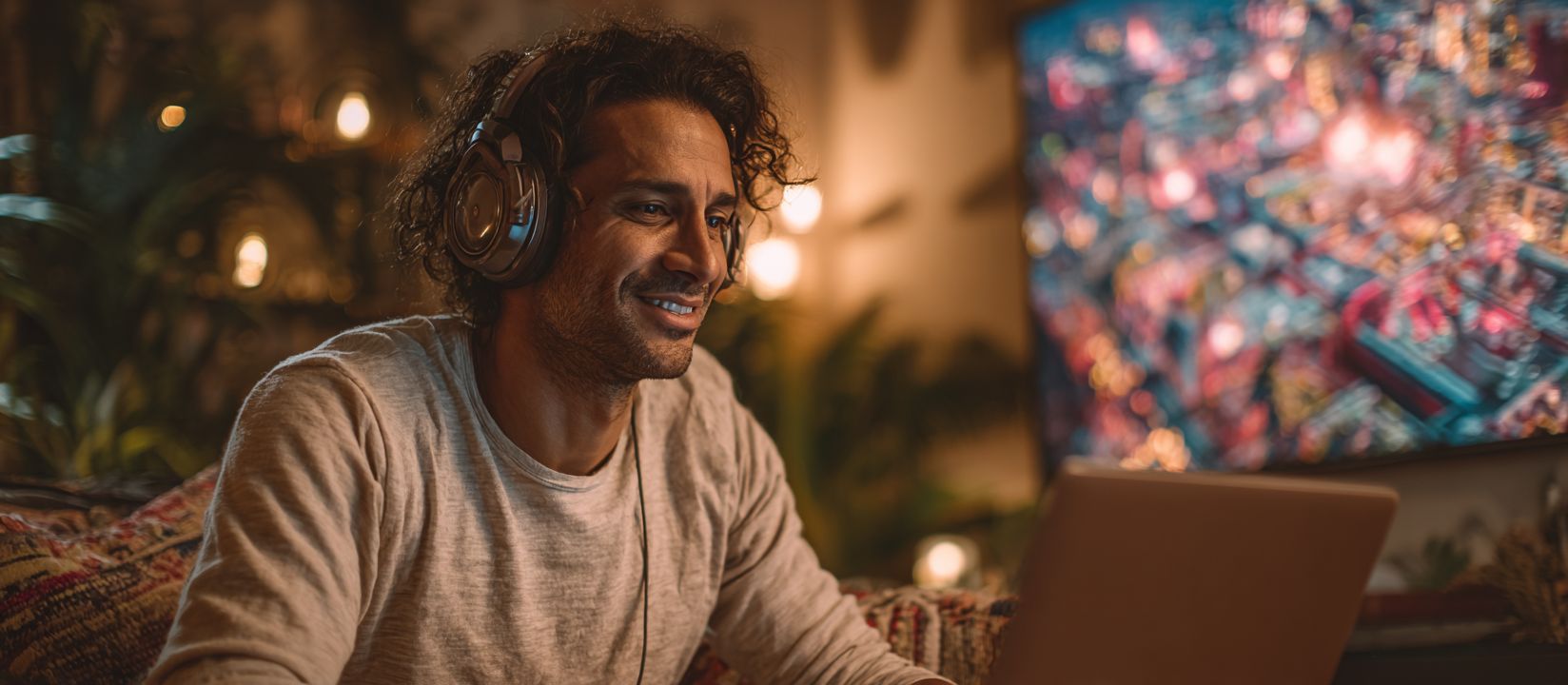 A man in headphones smiles while looking at his laptop, with a dynamic image on the screen in the background.