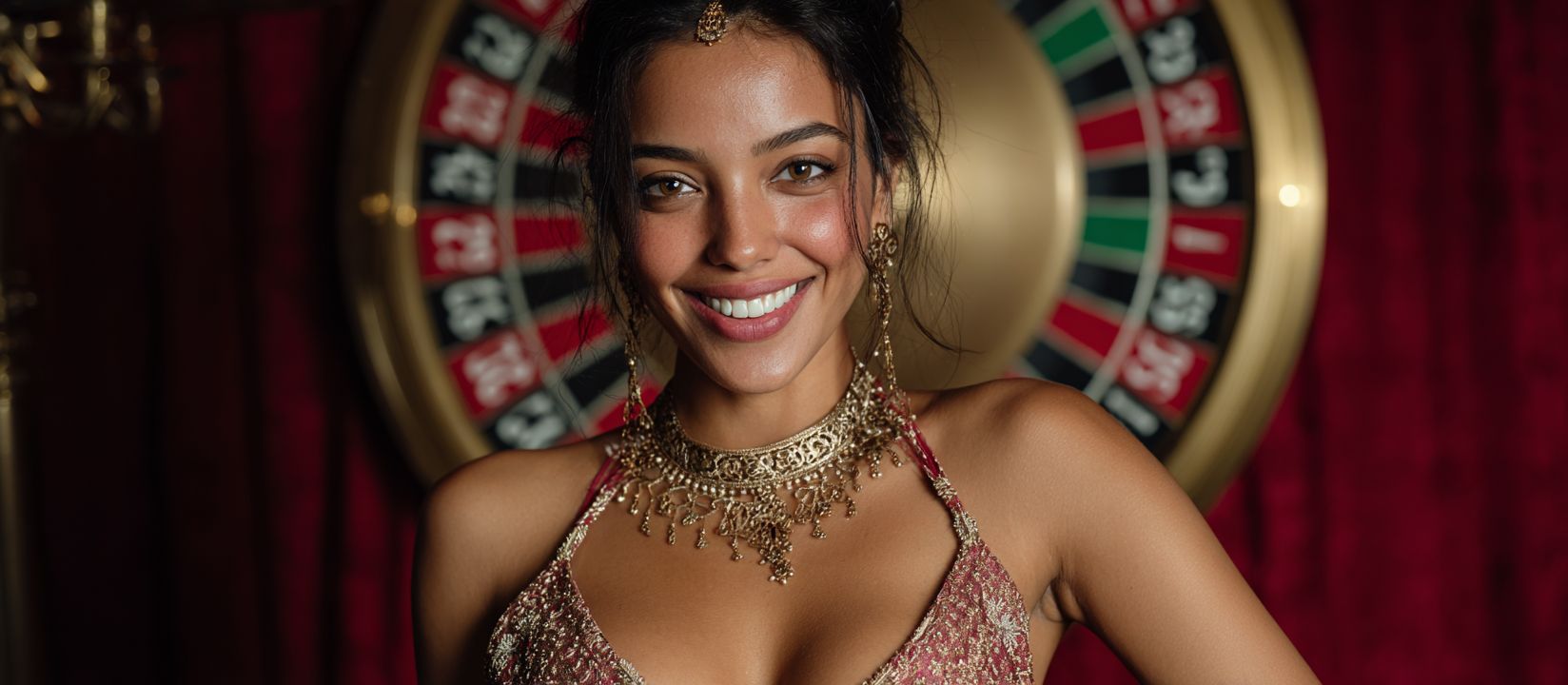 A woman in a luxurious necklace smiles in front of a spinning roulette wheel.
