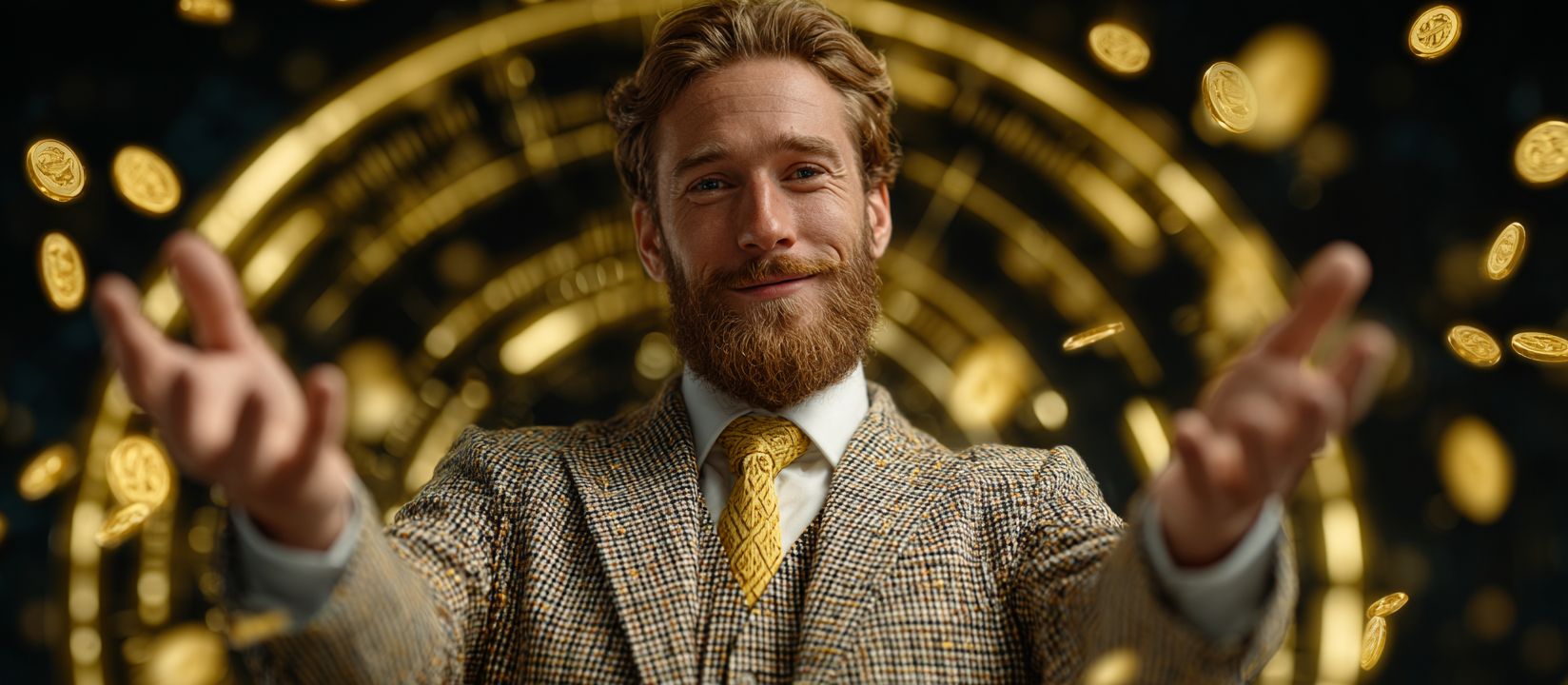 A smiling man in a suit jacket and waistcoat with open hands, against a background of a golden circle and flying coins.