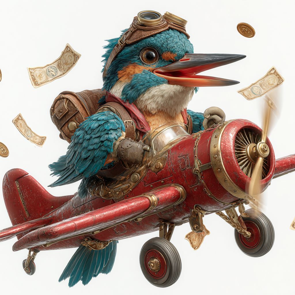The mascot of OKLV casino, a bird in the image of a pilot on a red aeroplane, flies among the money notes.