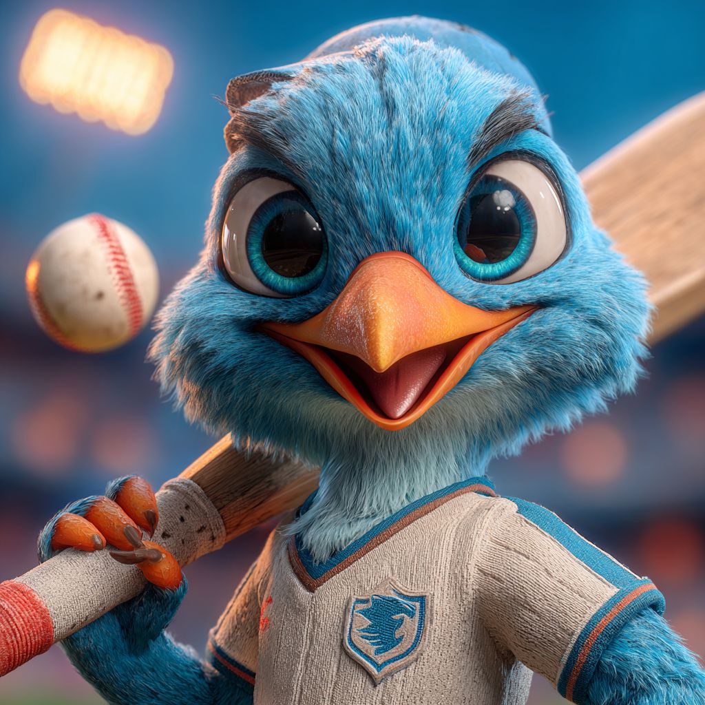 The OKLV mascot, a bird in a baseball uniform with a bat, getting ready to hit a ball in a stadium.
