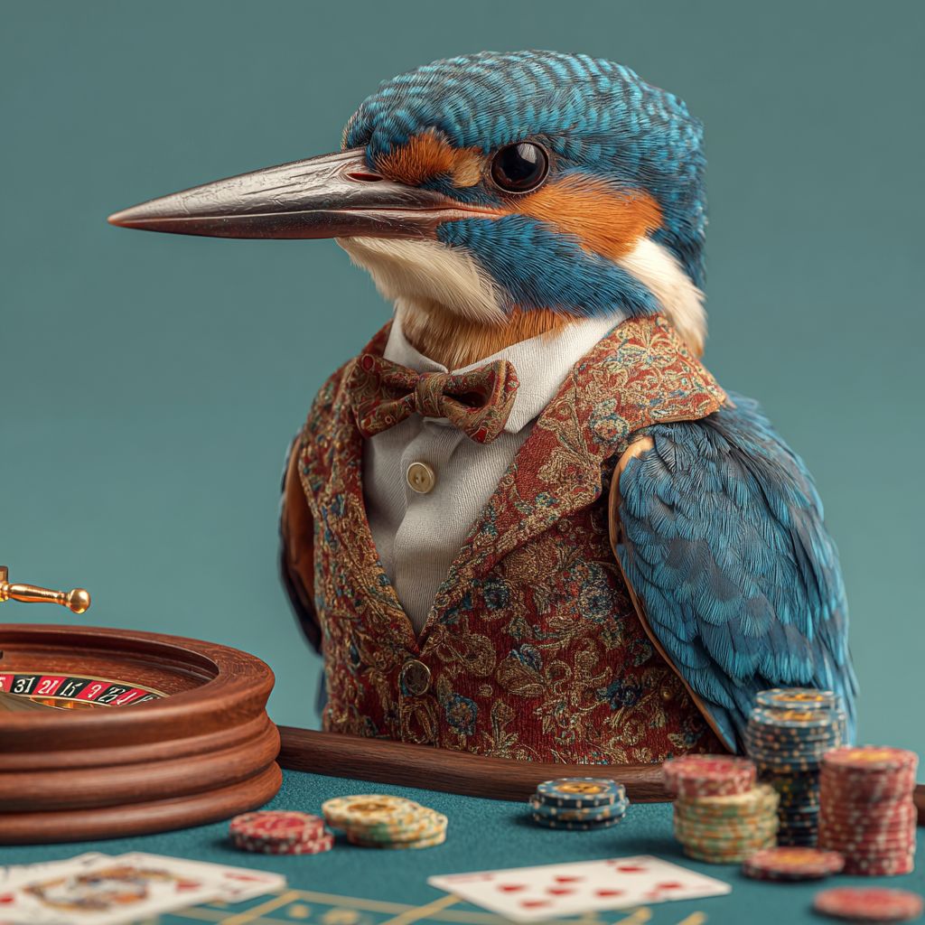The OKLV mascot, a bird in a suit, sitting at a table with roulette, chips, and cards.