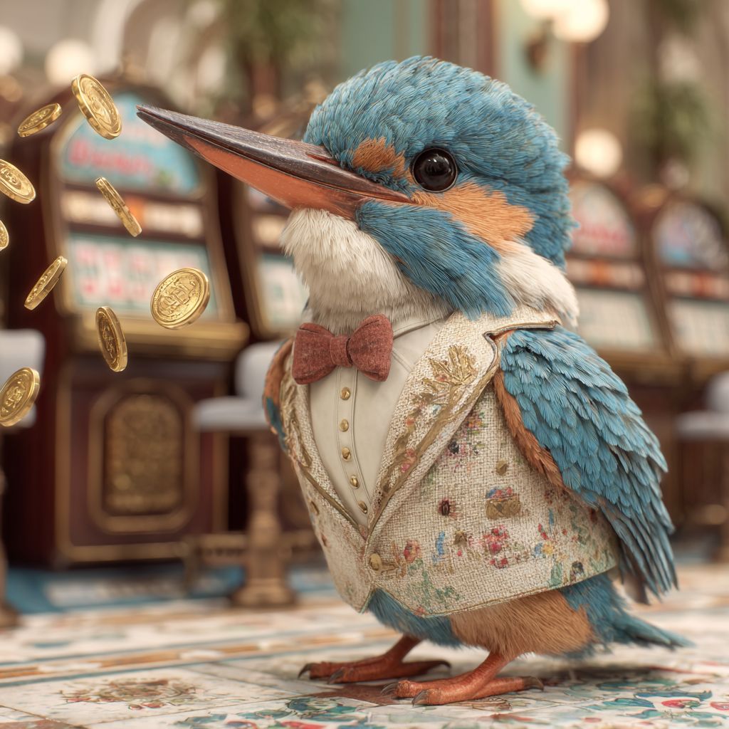 The OKLV mascot, a bird in a waistcoat, standing in a gaming hall with slot machines.
