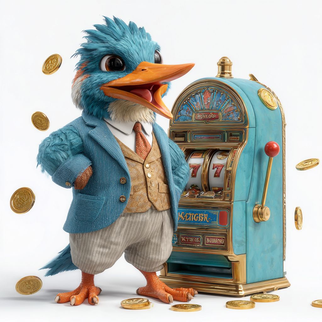 The OKLV mascot, a bird in a business suit, standing next to a slot machine showing sevens.