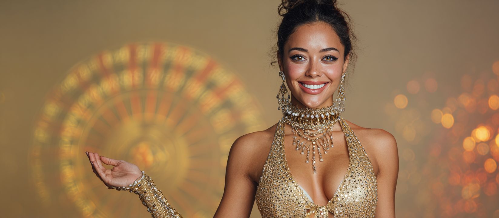 Welcome Back! Log In to OKLV and Start Winning! A woman in a golden dress and jewelry smiles, making an inviting gesture with her hand.