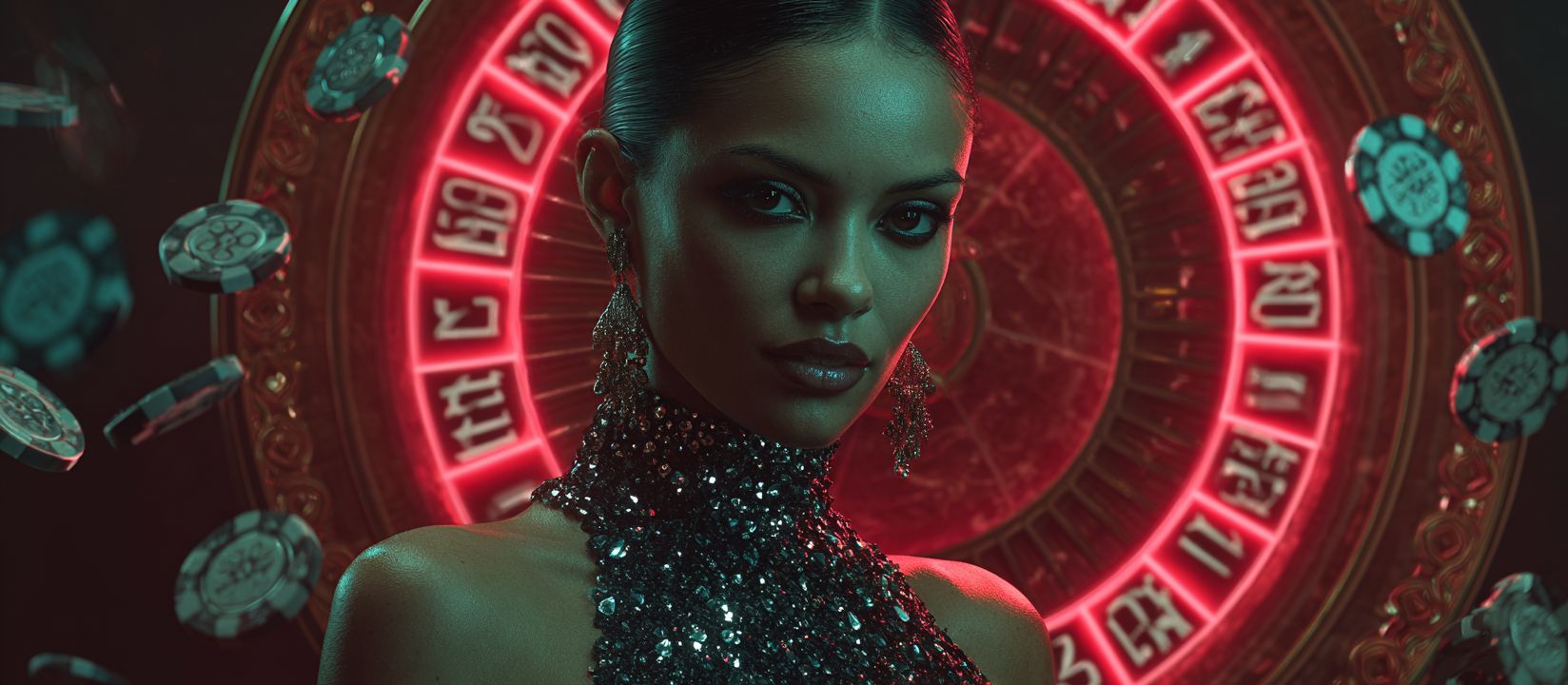 A glamorous woman with a stern gaze, in a shiny dress, standing in front of a glowing red roulette wheel and flying casino chips.