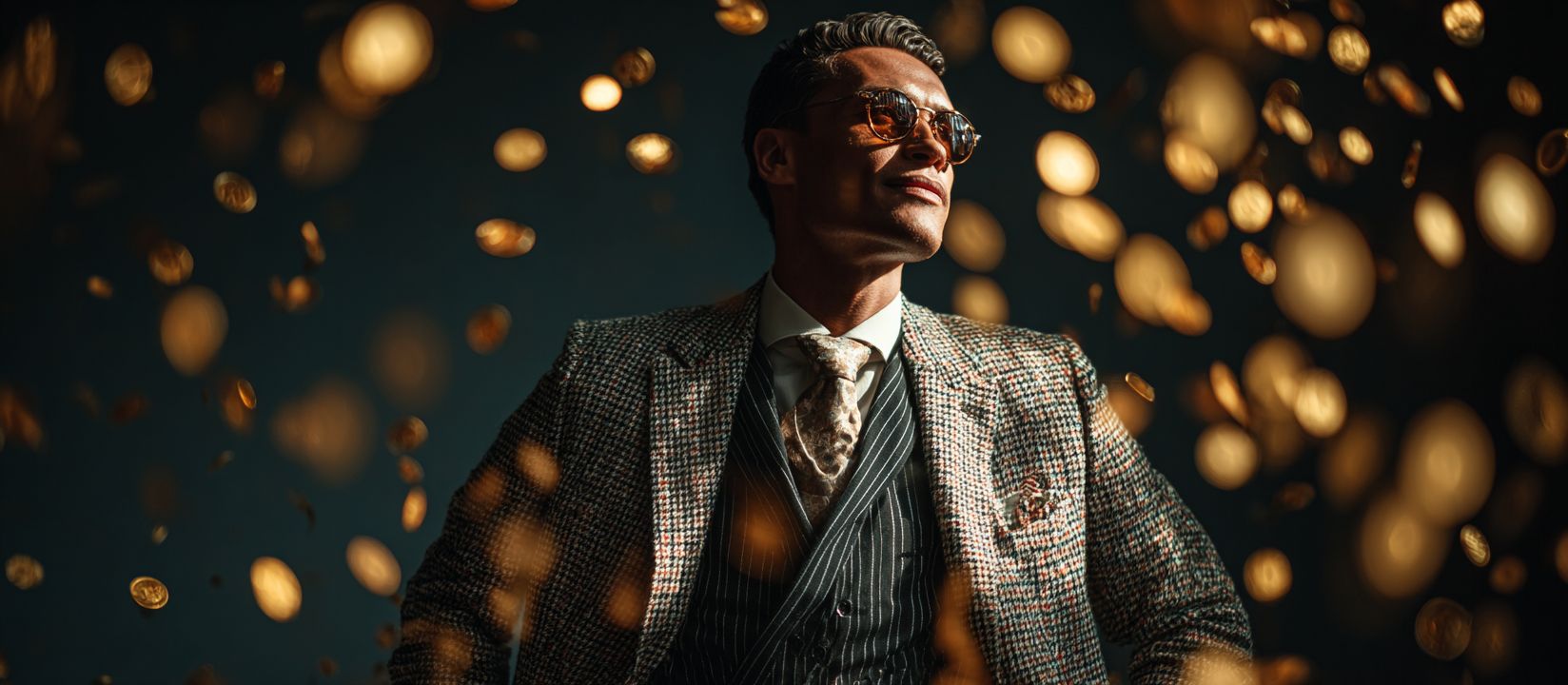 A stylish man in a suit and sunglasses, standing confidently while golden coins rain down around him.