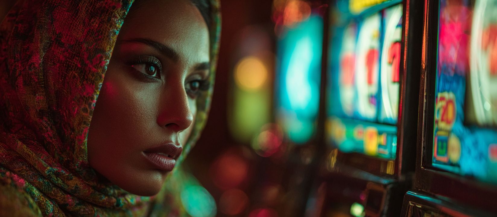 A woman intently looks at the screen of a brightly lit slot machine.