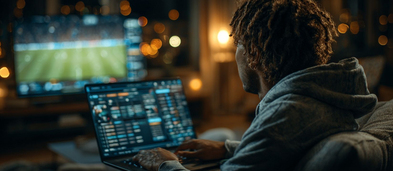 A man watches a sports match on TV while placing bets on his laptop.